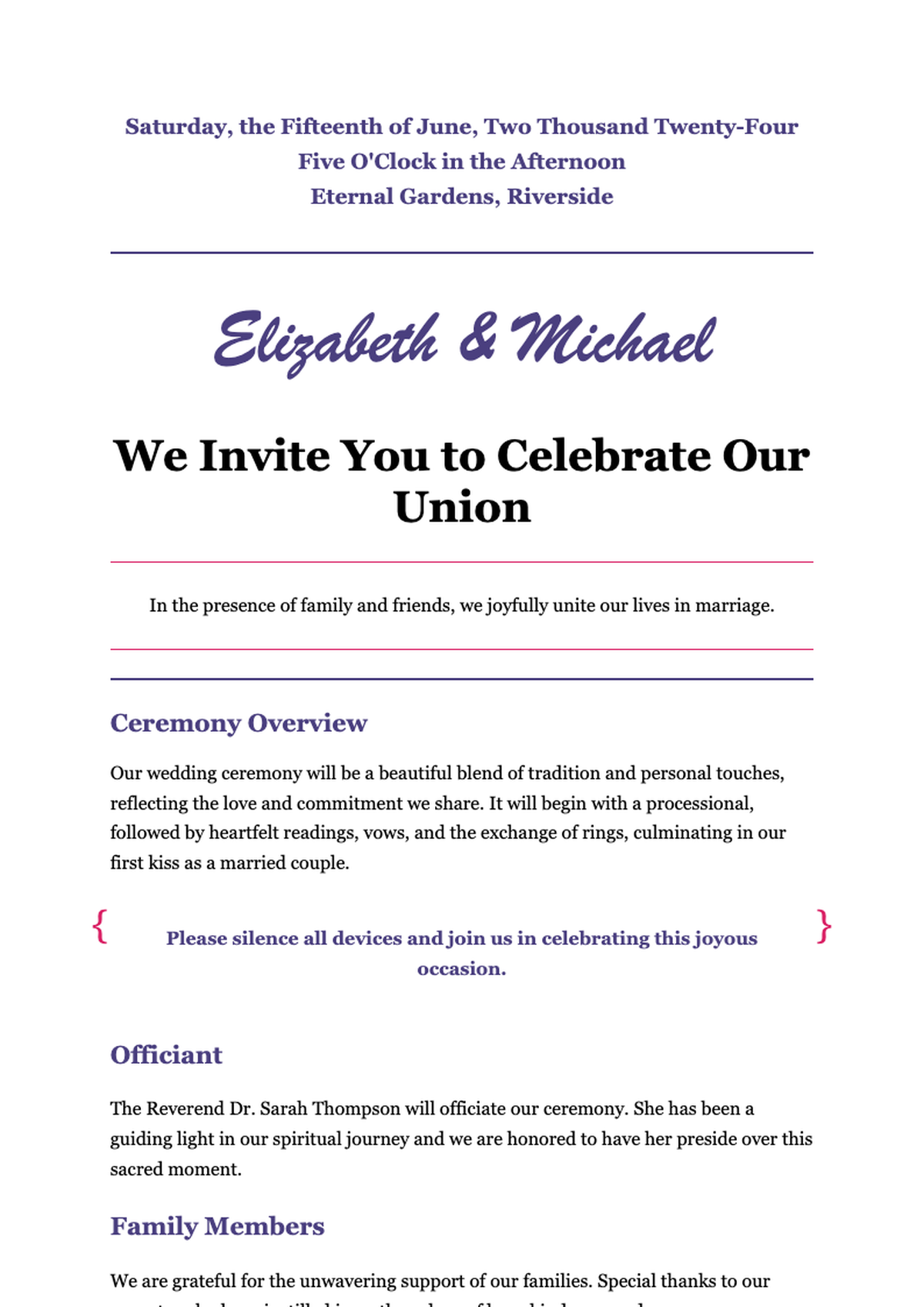 Wedding ceremony program with purple and pink accents_variant_3